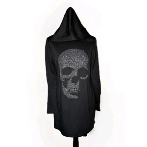 Black Stretch Diamanté Skull Dress Top Goth Punk Alternative Hoodie - Picture 1 of 4