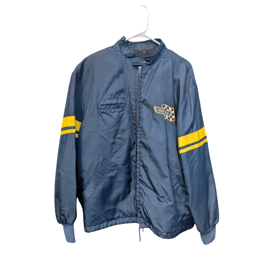 Chaqueta cortavientos vintage Monroe Racing años 70 azul nailon 23x27 logotipo M/L rayas Foto 1 de 4
