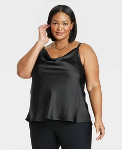 NEW Women's Ava & Viv Size XXL Black Satin Sleeveless Tank Top NWT - Picture 1 of 11