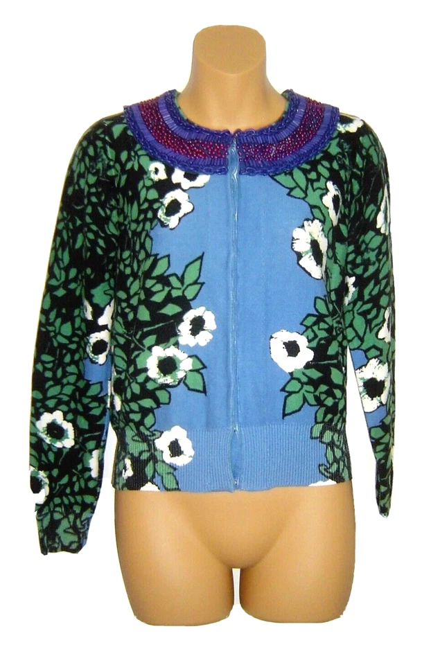 Tracy Reese Beaded Cardigan Blue Green Floral Purple Beads LSlve Snap Front Sz S - Image 1 of 4
