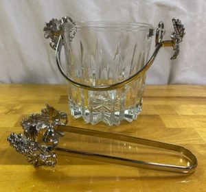 Vintage Italian Cut Glass Ice Bucket 5” Silverplate Grape Handles & Tongs in VGC - Picture 1 of 17