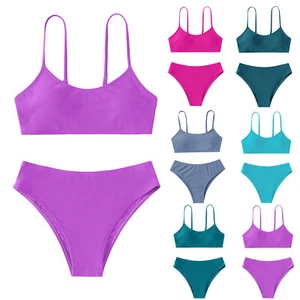 Toddler Girl 2 Piece Swimsuit Sport Solid High Waist Bikini Set Swimwear - Picture 1 of 32
