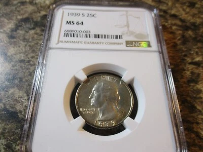 1939-S WASHINGTON SILVER QUARTER NGC MS 64    003 - Image 1 of 3