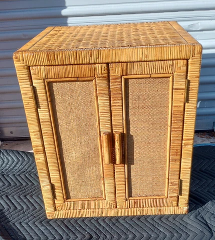 Vintage Mid Century Small Bohemian Wicker Rattan 2 Door Side Table Cover