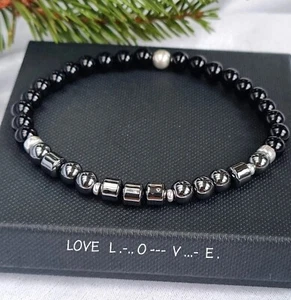 Mens 925 Sterling Silver Onyx & Hematite Bracelet Morse Secret Message LOVE - Picture 1 of 8