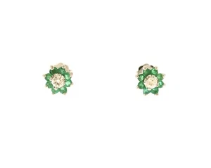Vintage 14K White Gold Emerald Halo & Diamond Floret Cluster Studs Stud Earrings - Picture 1 of 4