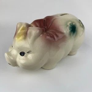Vintage Jumbo Piggy Bank ~ Ceramic w Pink Bow & Green 4-Leaf Clovers ~ 10 in - Picture 1 of 10