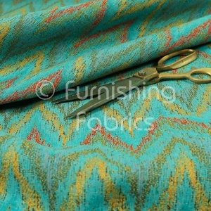 Chevron Striped Chenille Teal Blue Yellow Red Green Upholstery Furniture Fabric - Picture 1 of 5