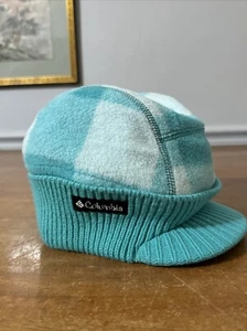 Columbia Youth One Size Knit Fleece Beanie With Bill Blue White Checkered Plaid - Picture 1 of 5