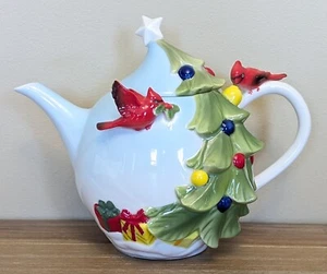 Pier 1 Imports Christmas Tree Teapot Porcelain Cardinal Hand Painted w/Box  - Picture 1 of 20