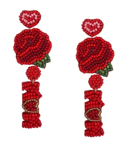2 Pair Red Bead Heart and Rose Mom Drop Earrings for Women - Picture 1 of 2
