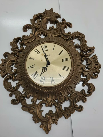 Vtg Burwood Clock LARGE Gold Roses Scrolls MCM HOLLYWOOD REGENCY not working Cover