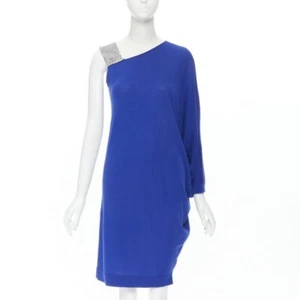 BALMAIN blue wool crystal rhinestone embellished strap asymmetric dress FR36 S - Picture 1 of 11