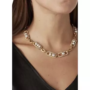 Elizabeth Cole Sedona Golden Link Chain 8-Station White Pearl Crystal Necklace - Picture 1 of 15