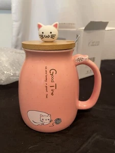 Cute Cat Ceramic Mug 15 oz Ceramic Coffee Cup with Lovely kitty Wood Lid... NEW - Picture 1 of 8