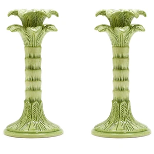 Pair Of Green Palm Leaf Taper Candlestick Holders 10"H Taper Candle Holders - Picture 1 of 4