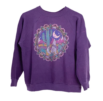 Vintage 90s Wolf Howling At The Moon Southwestern Nature Sweatshirt Hanes Medium - Image 1 of 4