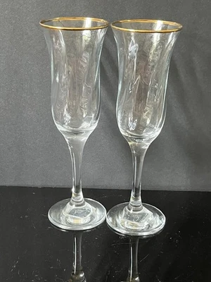 Maxim Circleware Champagne Flutes 6 oz. Gold Rim Set Of 2 Made In Turkey 8 1/4” - Image 1 of 4