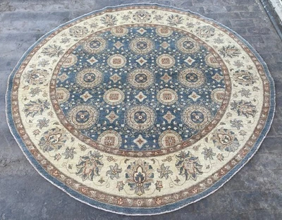 8x8 Blue Beige Afghan Handmade Round Area Rug Oriental Circle Ziegler Wool Rug - Image 1 of 4