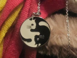 Felicia Designs Sterling Silver Ying Yang Cat Kitty Round Pendant and Chain - Picture 1 of 8