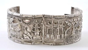 1930's Chinese Solid Silver Bracelet Bangle Cuff West Lake Scene Mk 53 Gram - Picture 1 of 10
