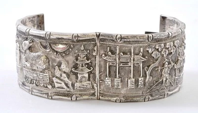 1930-е Китайский Серебряный Браслет Браслет Манжета Западное Озеро Сцена Mk 53 грамма - Изображение 1 из 4