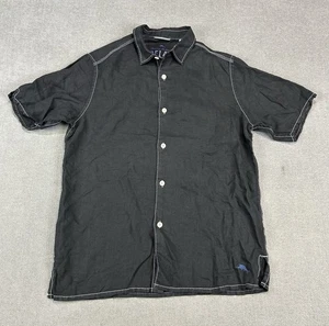 Tommy Bahama Mens Button Up Shirt Medium Black 100 % Linen Short Sleeve - Picture 1 of 12