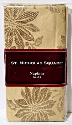 Juego de 4 servilletas de oro St. Nicholas Square Poinsettia Holly 19" NUEVO Foto 1 de 4