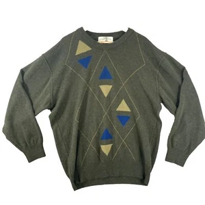 St Michael Jumper Men's Large Argyle Olive Green 100% Lambs Wool - Picture 1 of 12