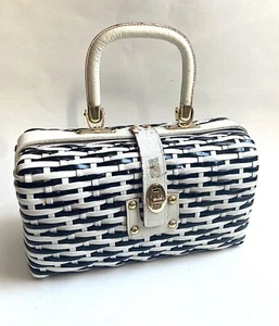 Vintage weiß & schwarz Korb geflochten Handtasche Handtasche Kunststoffgewebe 70’er 10” B 5,5” H - Bild 1 von 8