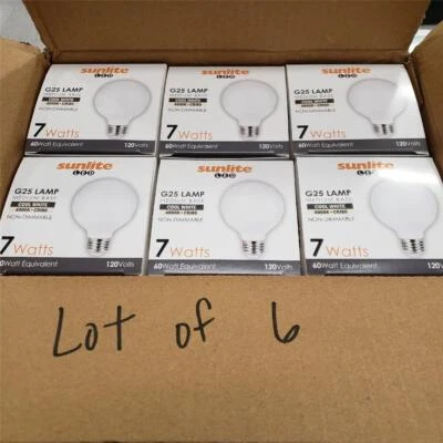 = 批量 6 件 Sunlite LED G25 灯泡 7 瓦 120 伏 80670 中号底座新品 — 第 1/3 张图片