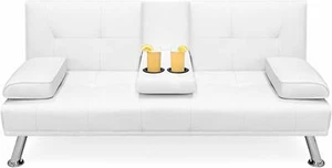 White Chrome Faux Leather Reclining Couch Futon Sofa Guest Bed Fold Out Arm Rest - Picture 1 of 7