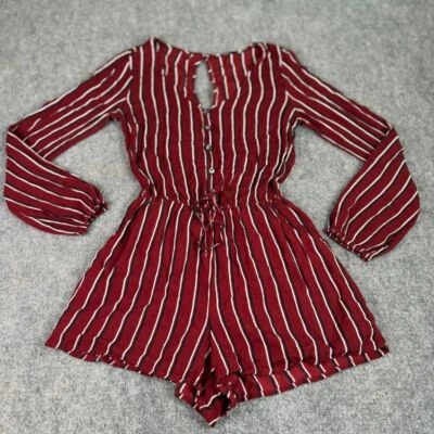 Hollister Romper Shorts Womens Small Red Striped Long Sleeve Button Y2K Playsuit - Image 1 of 4