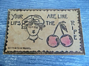 Antique Leather Postcard  "Your Lips Are Like The Ripe "Cherries"   By W.S. HEAL - Picture 1 of 6
