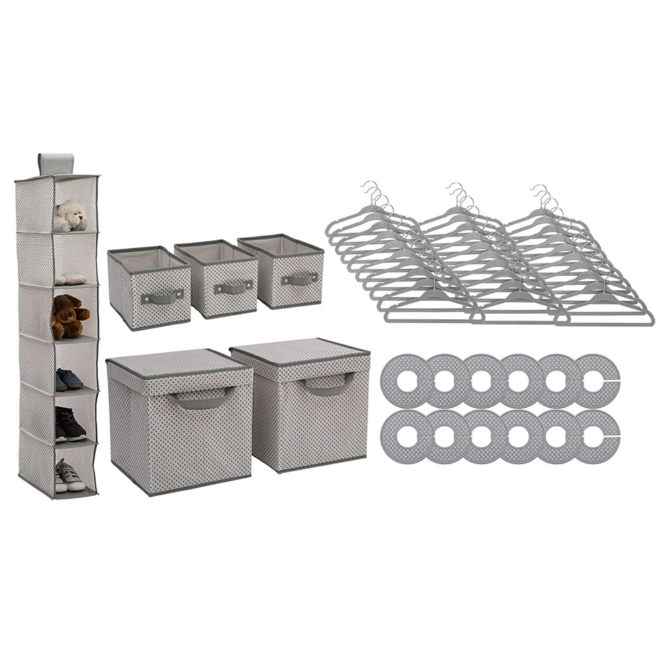 Nursery Bins and Shelf Storage Set Hangers Closet Organizer Baby Room Gray Set - Image 1 of 3