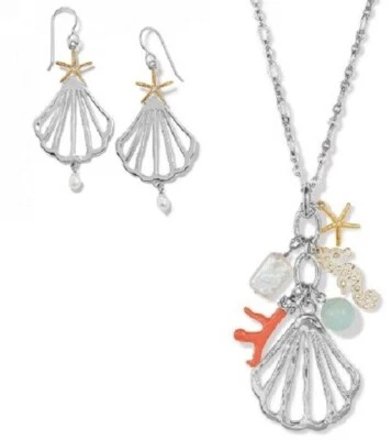 NUEVO CON ETIQUETAS Brighton PARADISE COVE Plata Concha Collar Pendientes Conjunto Dijes Precio de venta sugerido por el fabricante $200 Foto 1 de 4