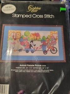 ANIMAL PARADE PICTURE Stamped Cross Stitch Kit Golden Bee bear penguin duck cat - Picture 1 of 3