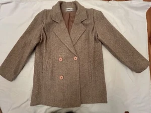 Vintage Herman Kay Petite Womens 80%Wool Pea Coat Herringbone Beige Brown Lined - Picture 1 of 6