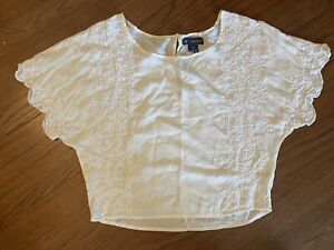 American Eagle Top Womens White Embroidered Cropped Short Sl Blouse XS S