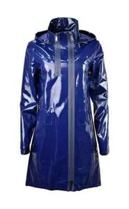 Womens Blue PVC Vinyl Long coat Jacket hoodie Rain Coat Waterproof - Picture 1 of 4