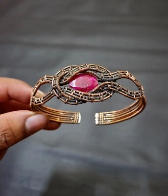 Brazalete Facetado Cachemira Rubí Alambre de Cobre Envuelto Brazalete Ajustable Regalos Foto 1 de 4