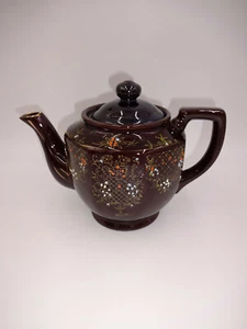 Tetera vintage marrón oscuro tetera y tapa flores doradas adornos esmalte detalles Japón - Imagen 1 de 7