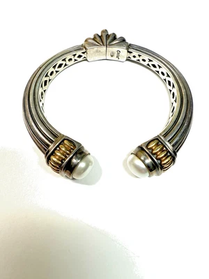LAGOS CAVIAR 18k & STERLING SILVER GOLD HINGED CUFF BRACELET + MABE PEARL ENDS - Image 1 of 4