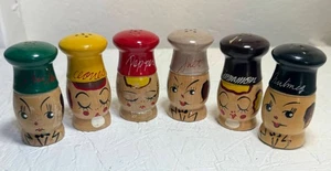 Chef Salt and Pepper Shakers Spices Vintage 1950's Hand Painted Wood Lot of 6 - Picture 1 of 3