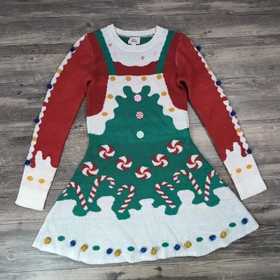 Vestido Kitschy Árbol de Navidad Vacaciones Divertido Manga Larga Pompones Para Mujer XS Foto 1 de 4