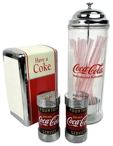 Coca-Cola Metal Napkin Holder, Glass Straw Dispenser, Salt & Pepper Shaker Set - Picture 1 of 4