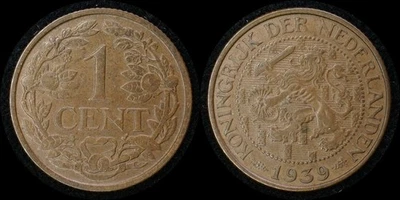 PAÍSES BAJOS 1939 - 1 centavo - Guillermina - KM# 152 Foto 1 de 3