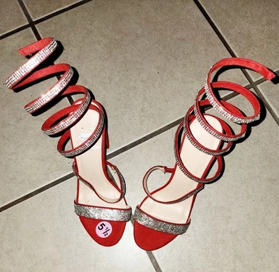 Wild Diva Para Mujer Rojo Estrás Bobina Envoltura Tobillo Grueso Bloque Tacones Talla 5.5 Foto 1 de 2