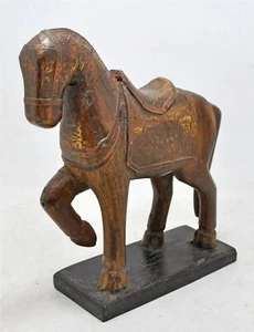 Vintage Wooden Horse Figurine Original Old Hand Crafted Brass Fitted - Picture 1 of 6