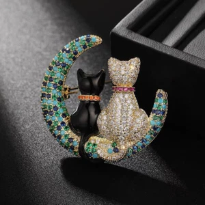 Colorful Moon Cat Brooch Adorable Feline Retro Vintage Animal Pin - Picture 1 of 6